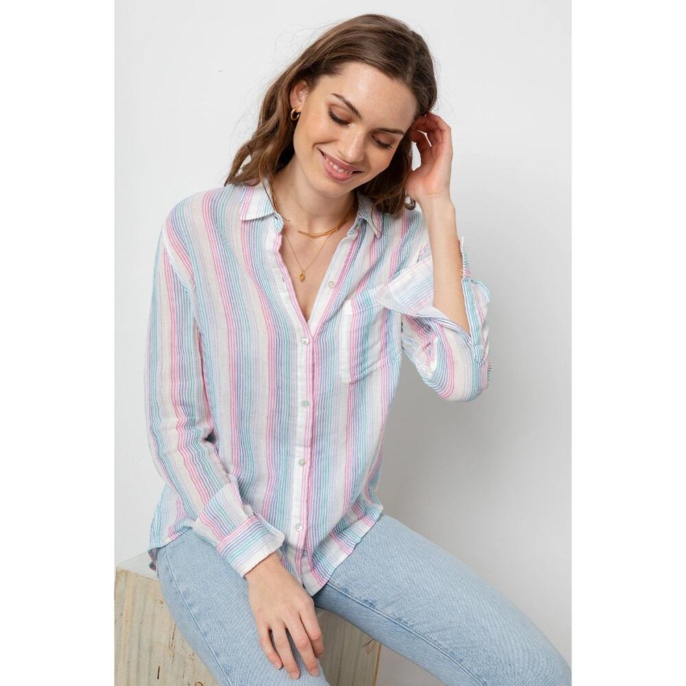 Rails Iris Stripe Ellis Shirt Women's Size M Multicolor 100% Cotton Gauze Button